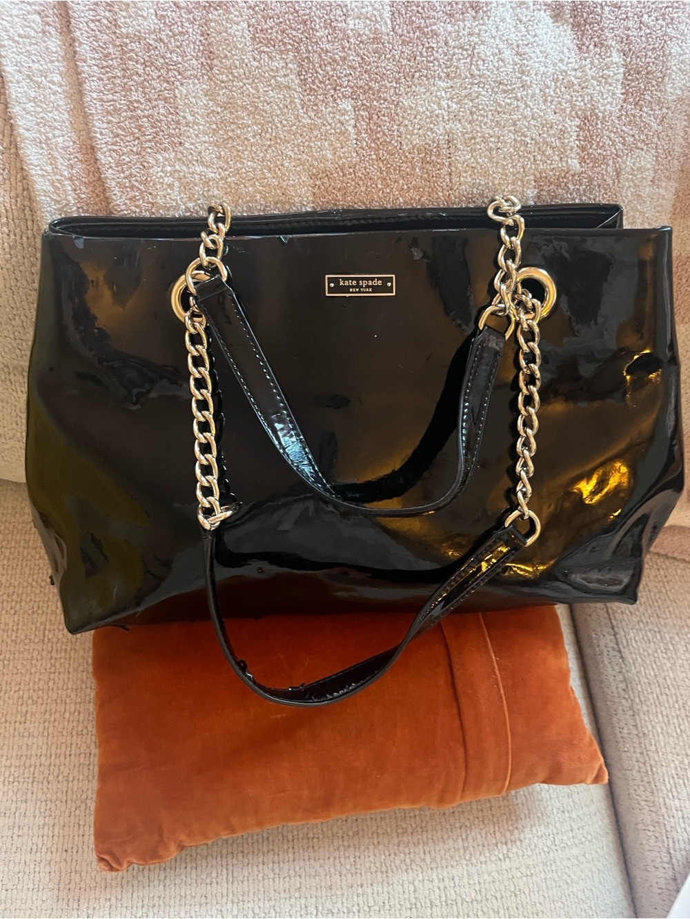 kate spade Black Patent Tote with Gold Chain Straps